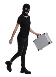 Woman wearing knitted balaclava with metal briefcase on white background