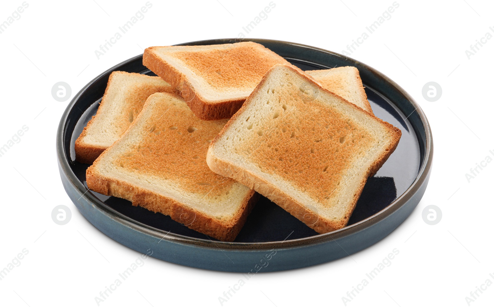 Photo of Plate with slices of delicious toasted bread on white background