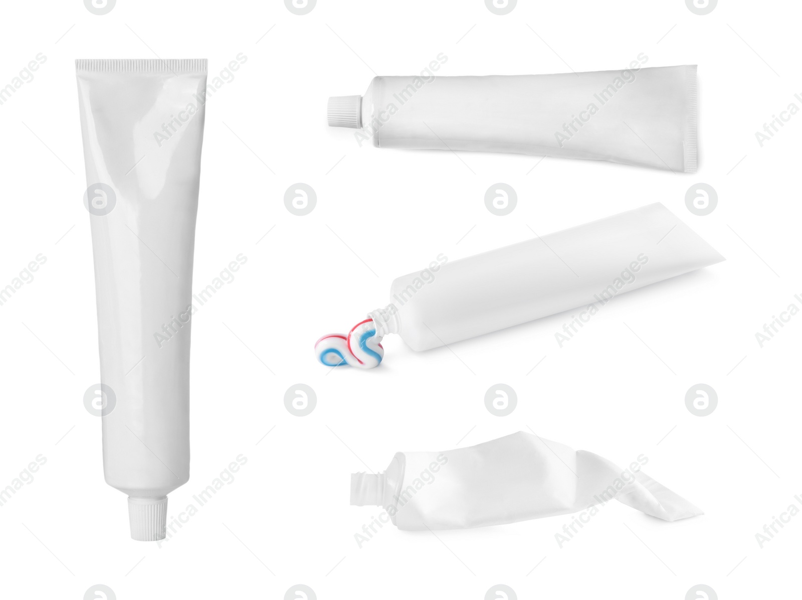 Image of Collage with different toothpastes on white background