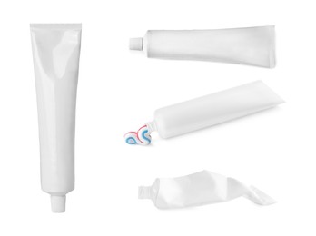 Image of Collage with different toothpastes on white background