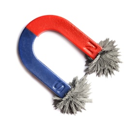 Photo of Red and blue horseshoe magnet with iron filings on white background, top view