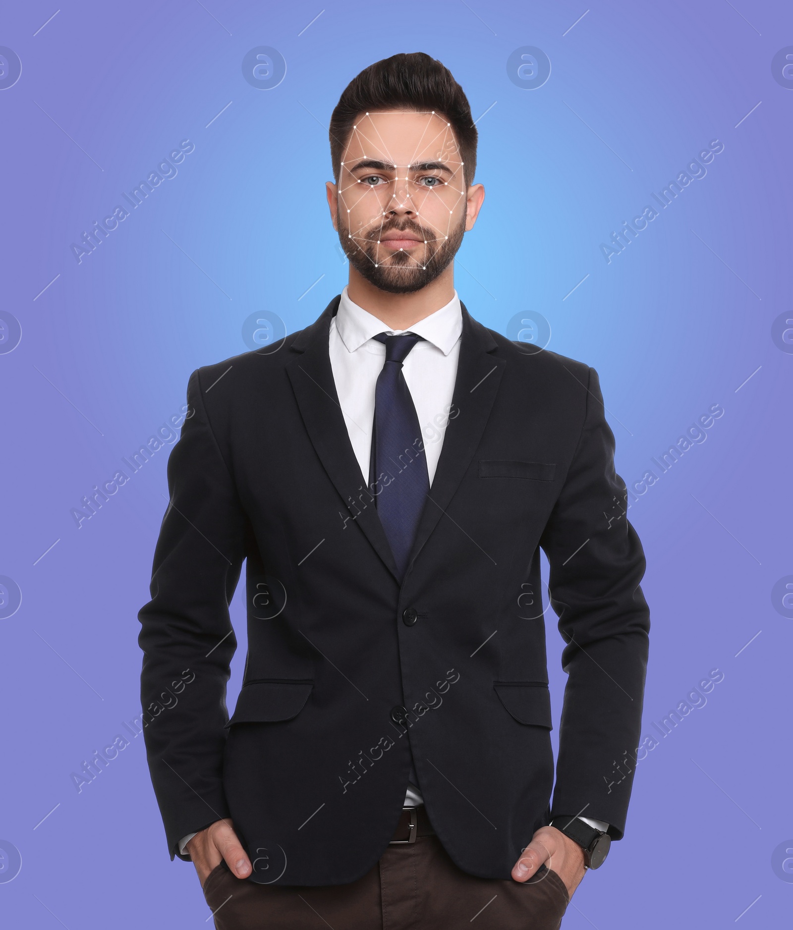 Image of Facial recognition system. Businessman with digital biometric grid on blue background