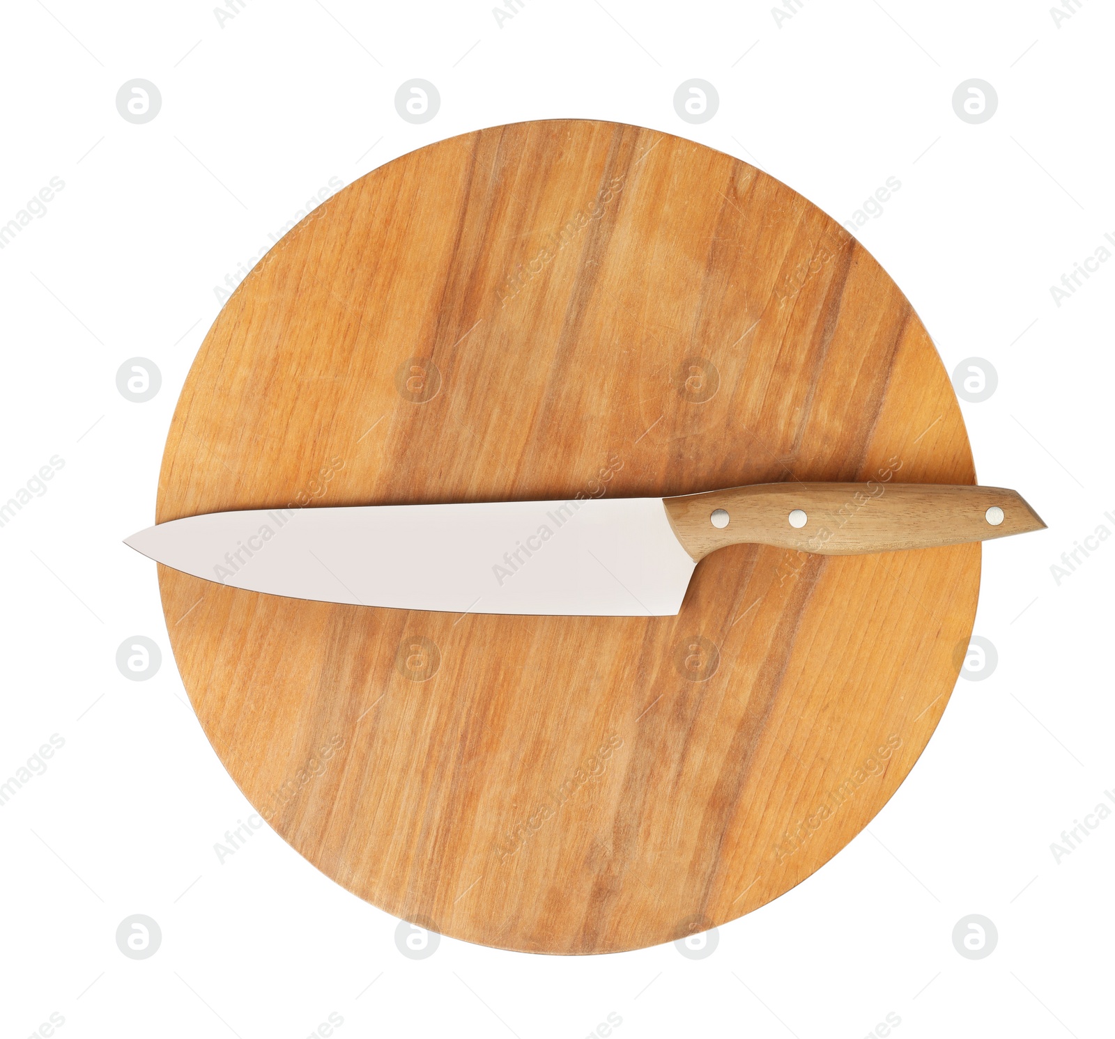 Photo of Sharp chef's knife with wooden board isolated on white, top view