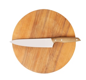 Sharp chef's knife with wooden board isolated on white, top view