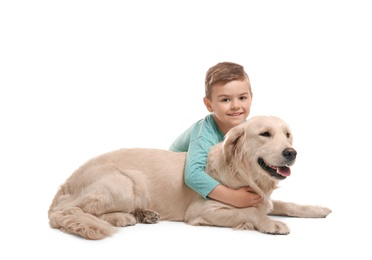 Photo of Cute little child with his pet on white background