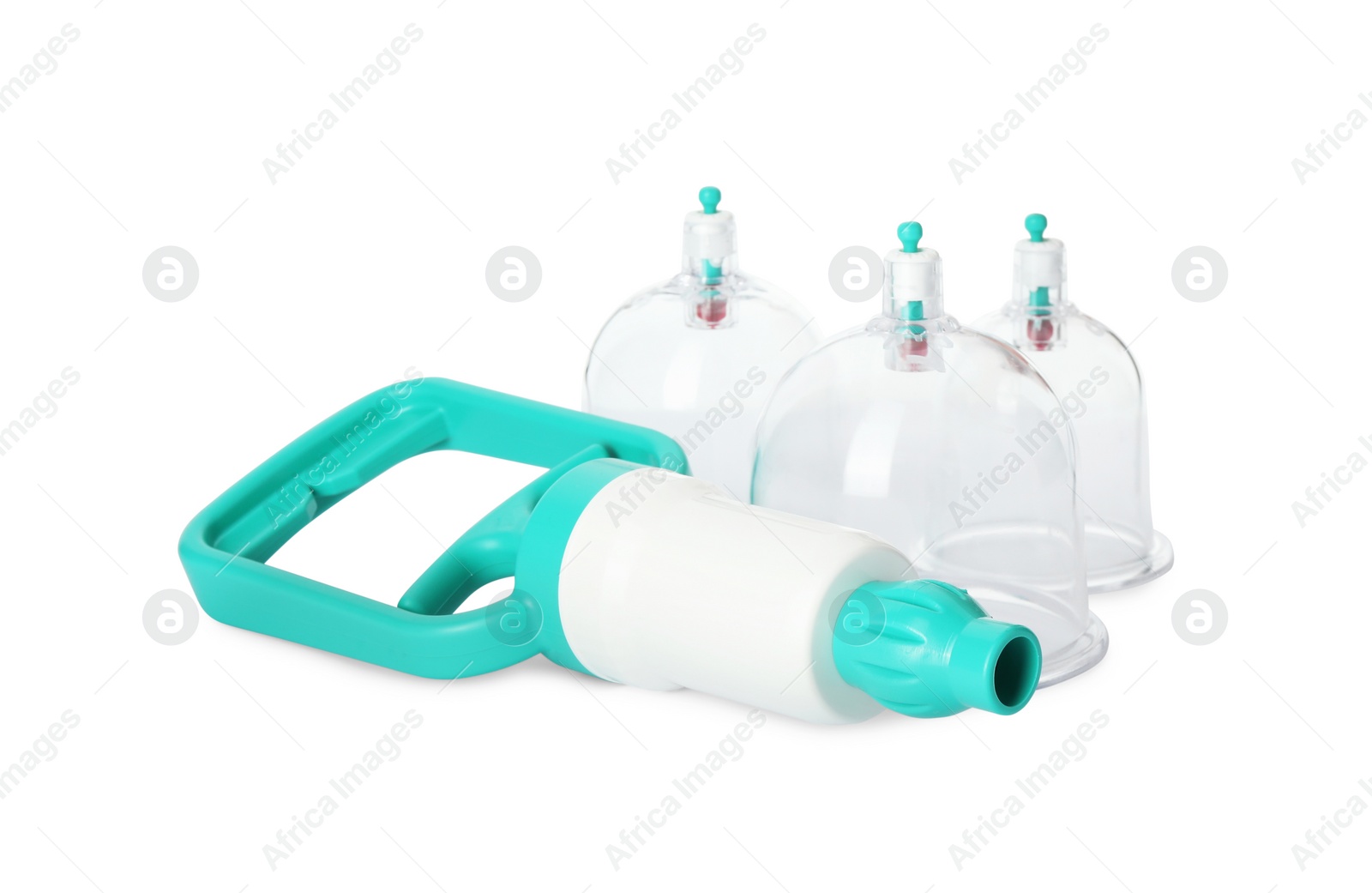 Photo of Plastic cups and hand pump isolated on white. Cupping therapy