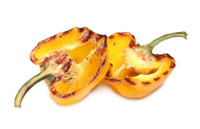 Photo of Halves of grilled yellow bell pepper isolated on white
