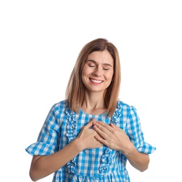 Photo of Woman holding hands near heart on white background
