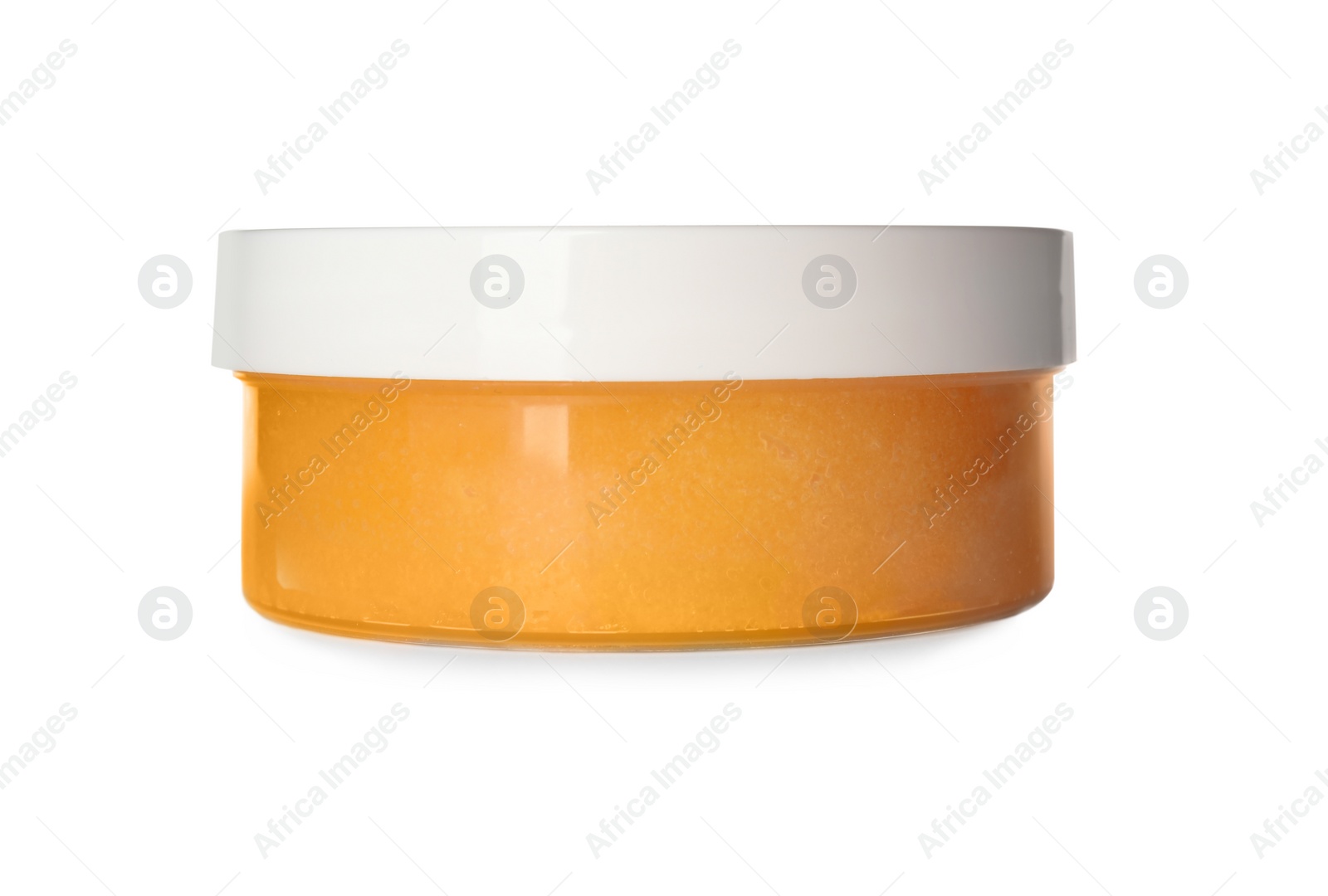 Photo of Body scrub in jar isolated on white