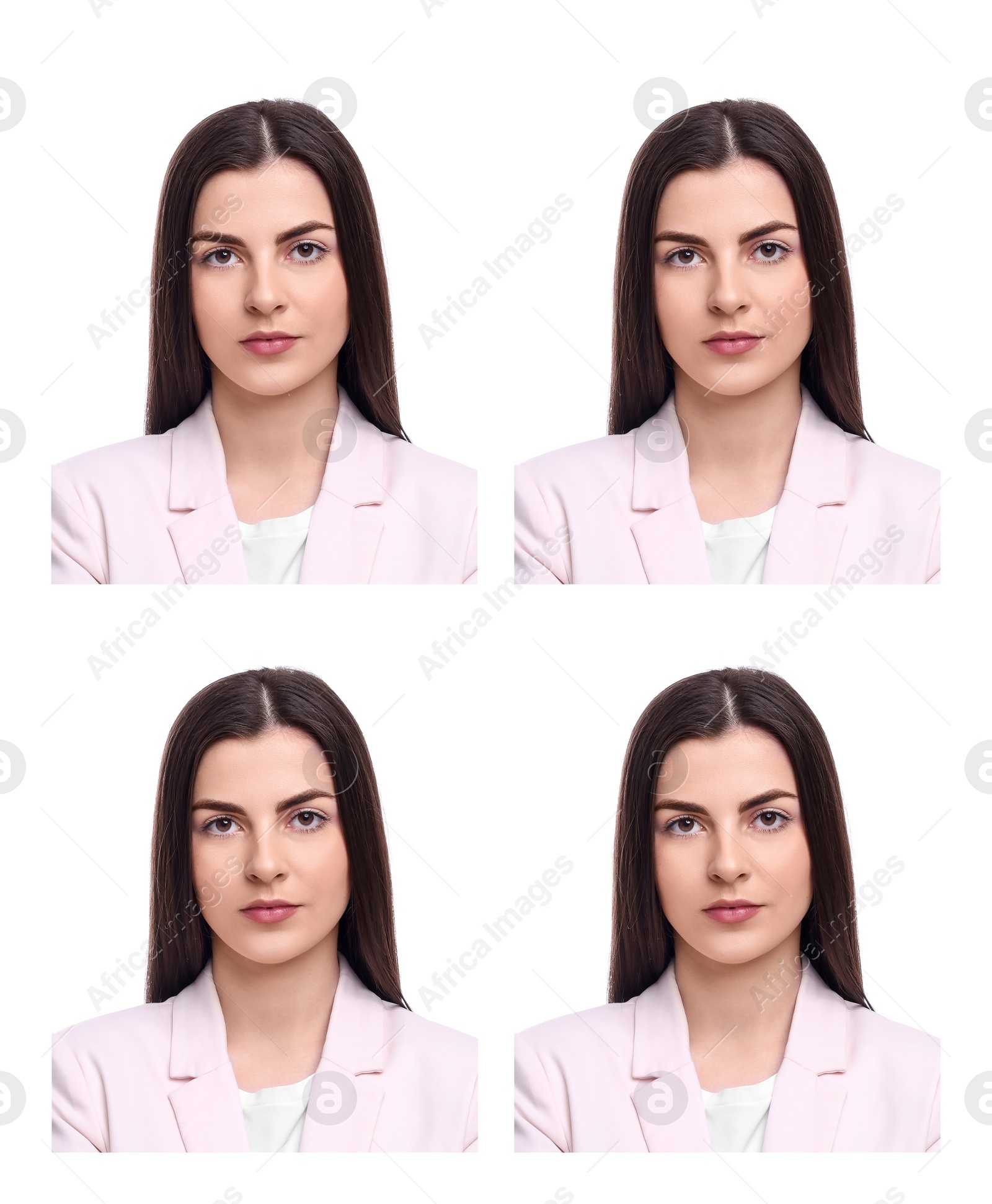 Image of Passport photo, collage. Woman on white background, set of photos