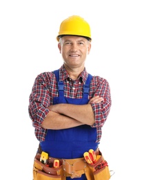 Electrician with tools wearing uniform on white background