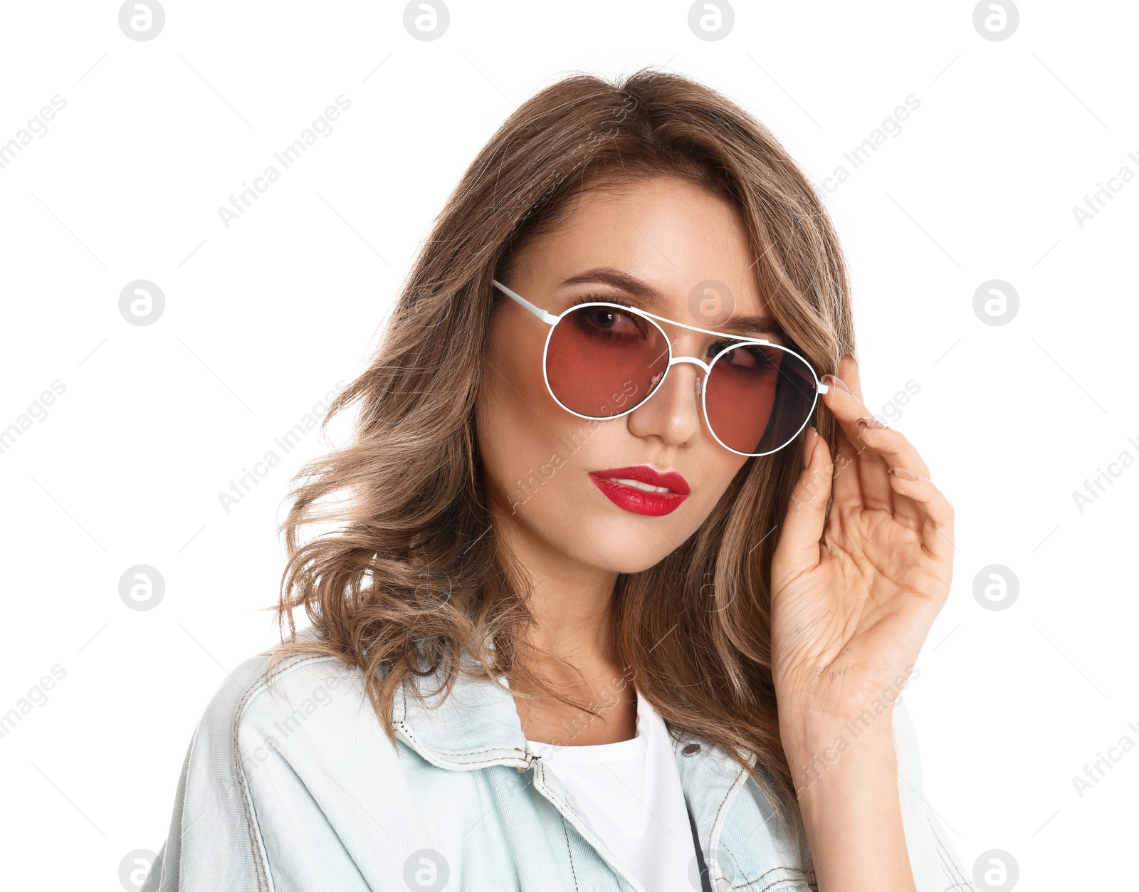 Photo of Young woman wearing stylish sunglasses on white background