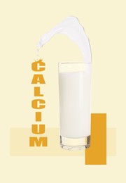 Image of Glass of fresh tasty milk on light background. Source of calcium