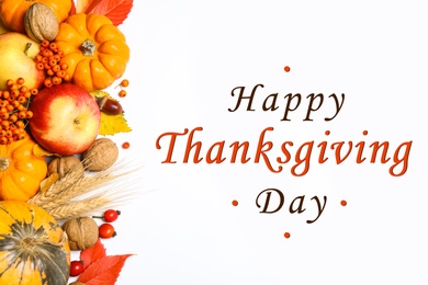 Happy Thanksgiving Day card. Flat lay composition with ripe pumpkins and autumn leaves on white background