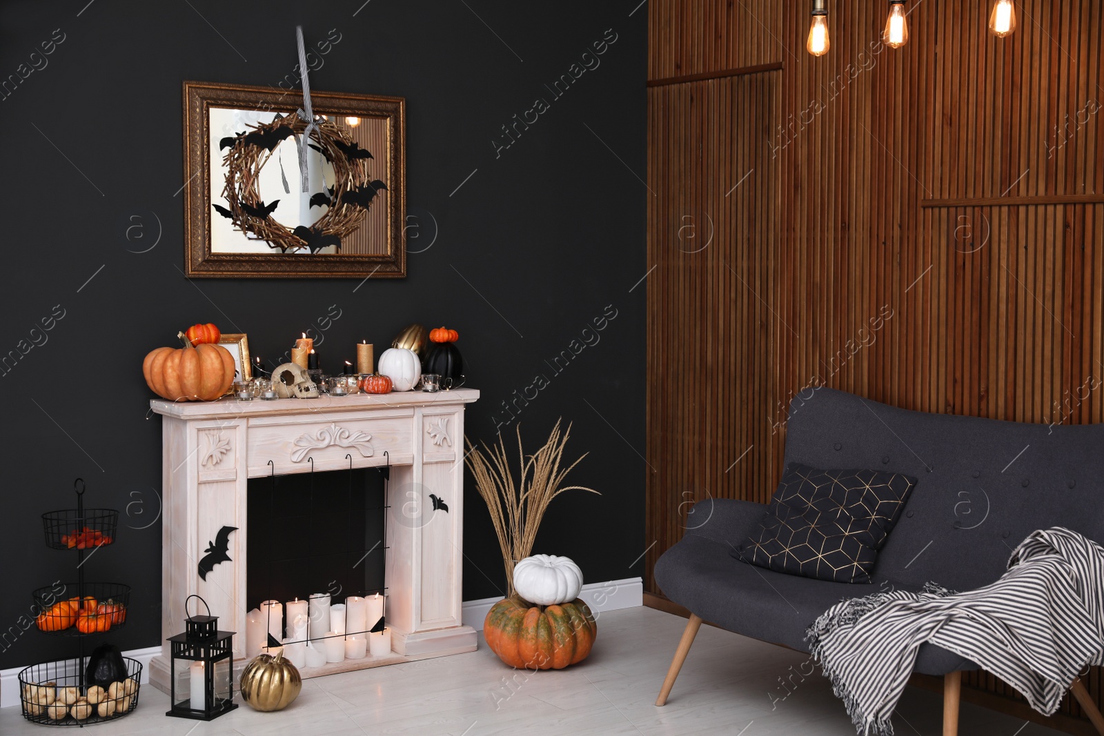 Photo of Modern room decorated for Halloween. Idea for festive interior