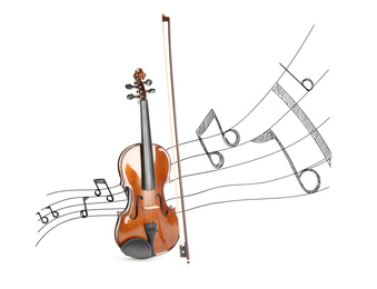 Classic violin with bow and music notes on white background