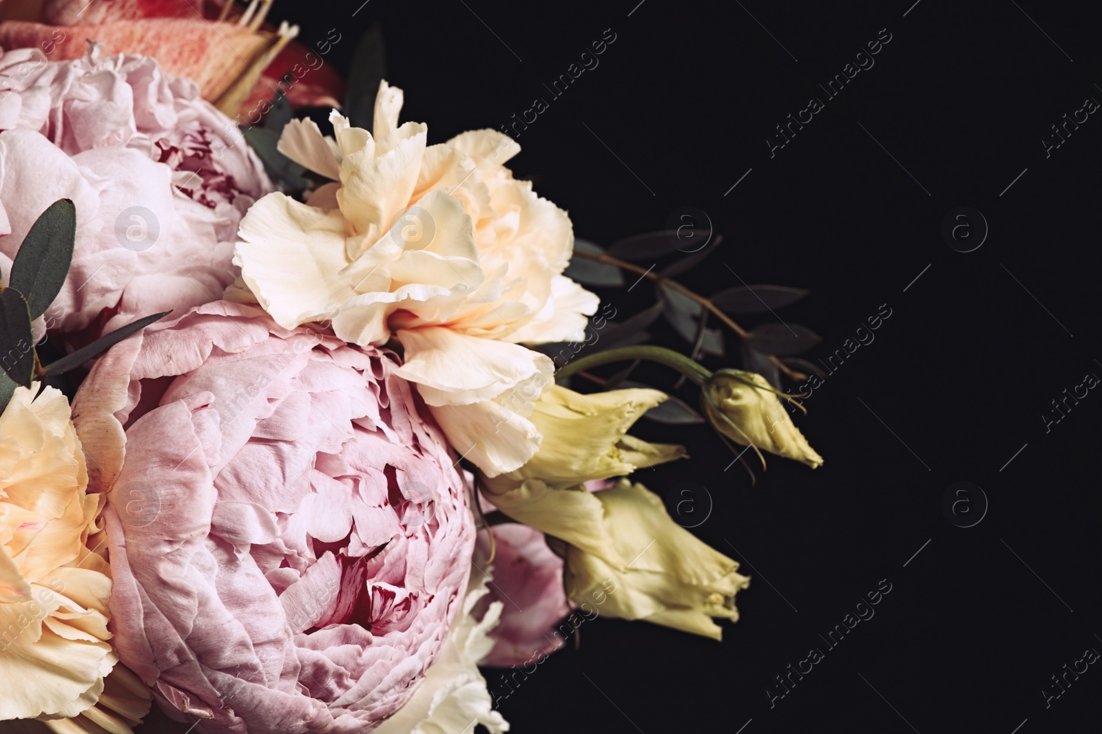 Photo of Beautiful bouquet of different flowers on black background, closeup. Floral card design with dark vintage effect