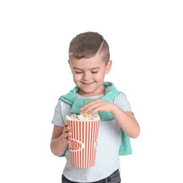 Photo of Cute little boy with popcorn on white background