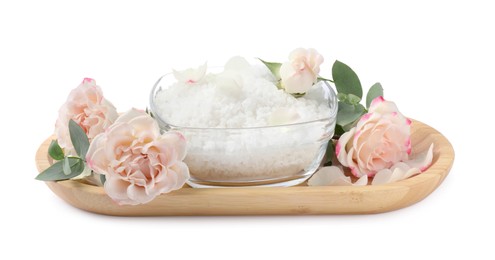 Photo of Glass bowl with natural sea salt and beautiful flowers on white background