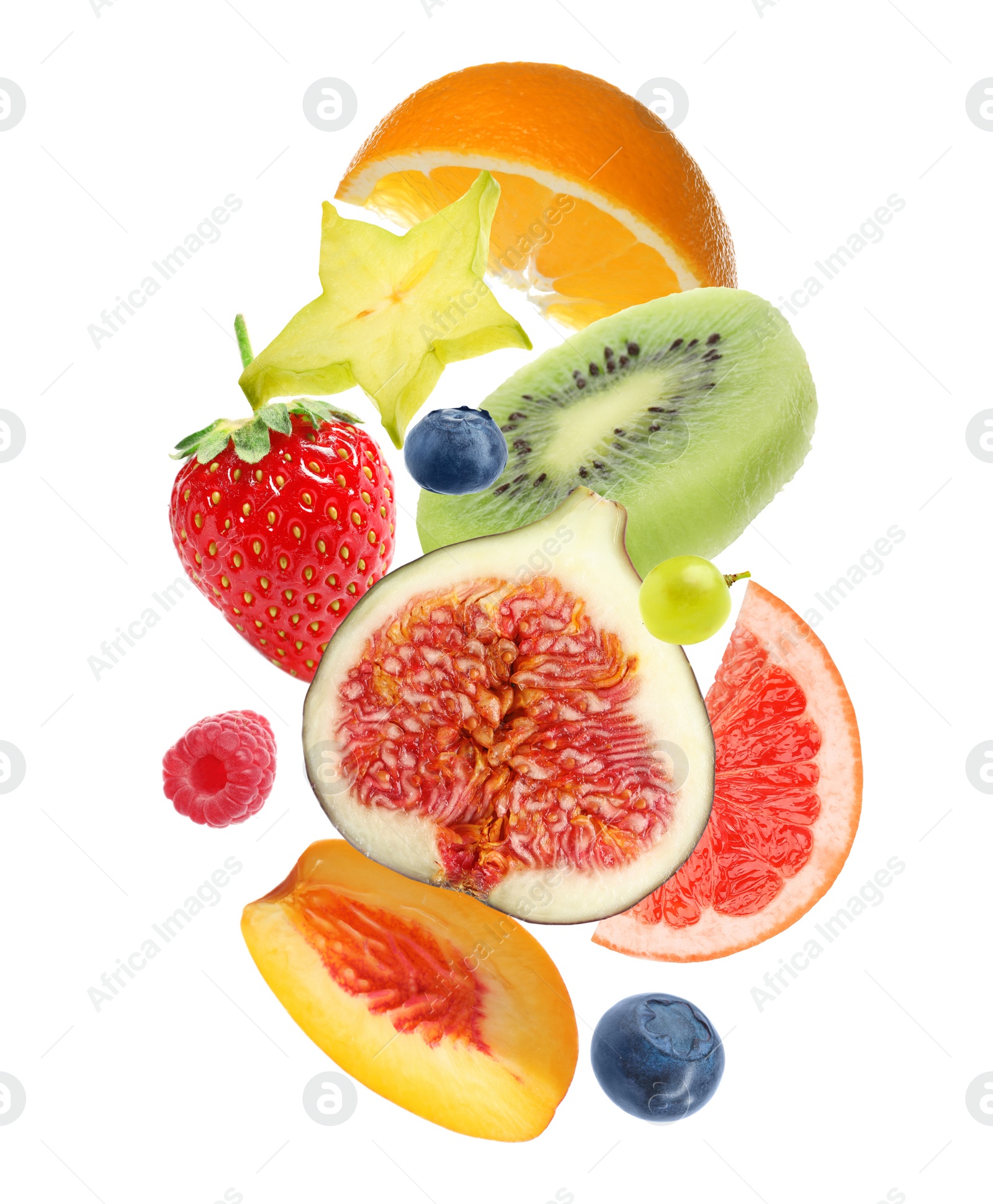 Image of Fresh tasty fruits and berries falling on white background