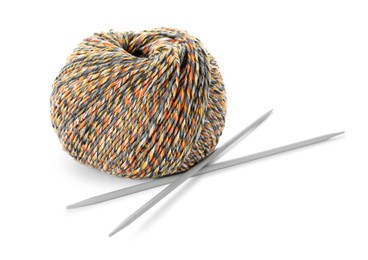Photo of Soft colorful woolen yarn with knitting needles on white background