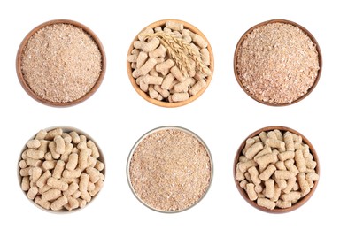 Set with wheat bran on white background, top view