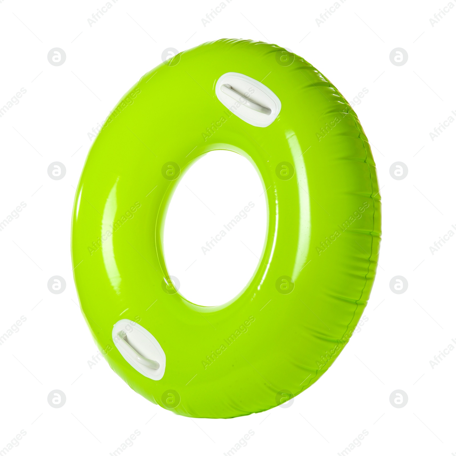 Photo of Bright inflatable ring on white background. Summer holidays