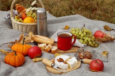 Photo of Blanket with picnic basket, snacks and autumn leaves outdoors