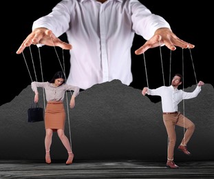 Image of Human relationships demonstrated in puppet show. Workers manipulated by director or manager on black background