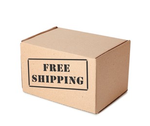 One closed cardboard box isolated on white. Free shipping