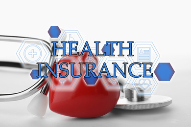 Image of Phrase Health Insurance, red heart and icons on white background