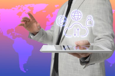 Web hosting. Man holding tablet against world map, closeup. Digital cloud with arrows and icons over gadget