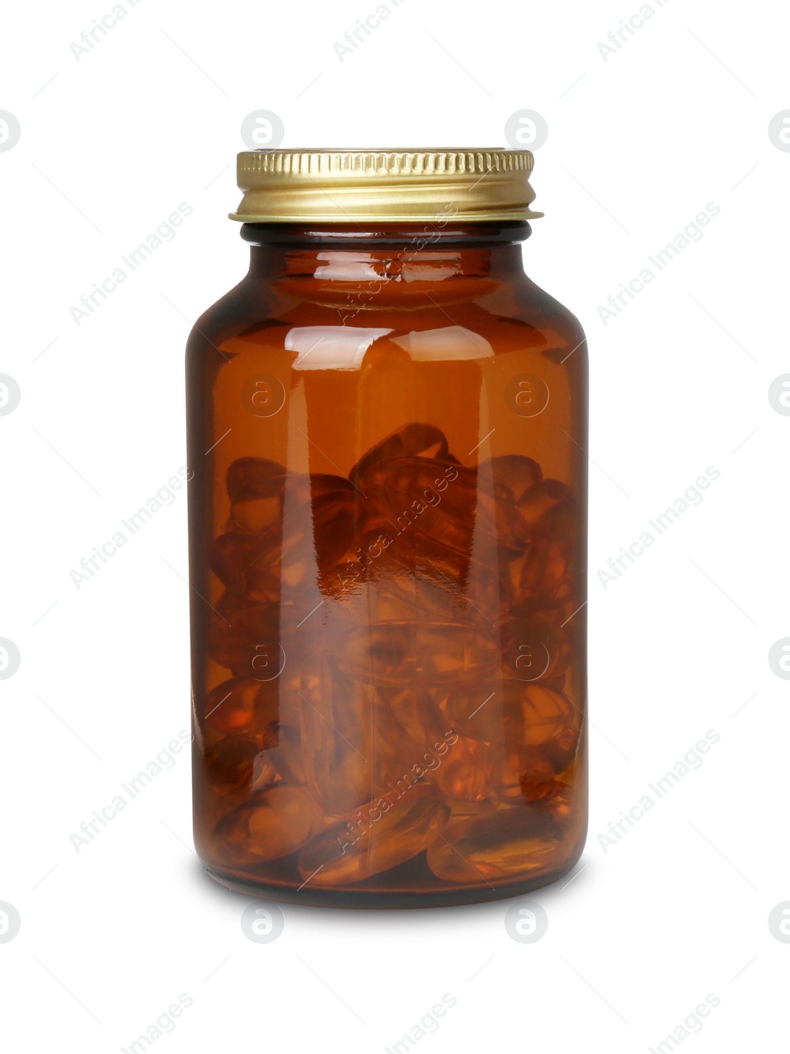 Photo of Jar with vitamin capsules isolated on white