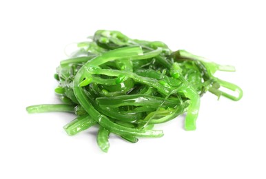 Photo of Delicious fresh seaweed salad on white background