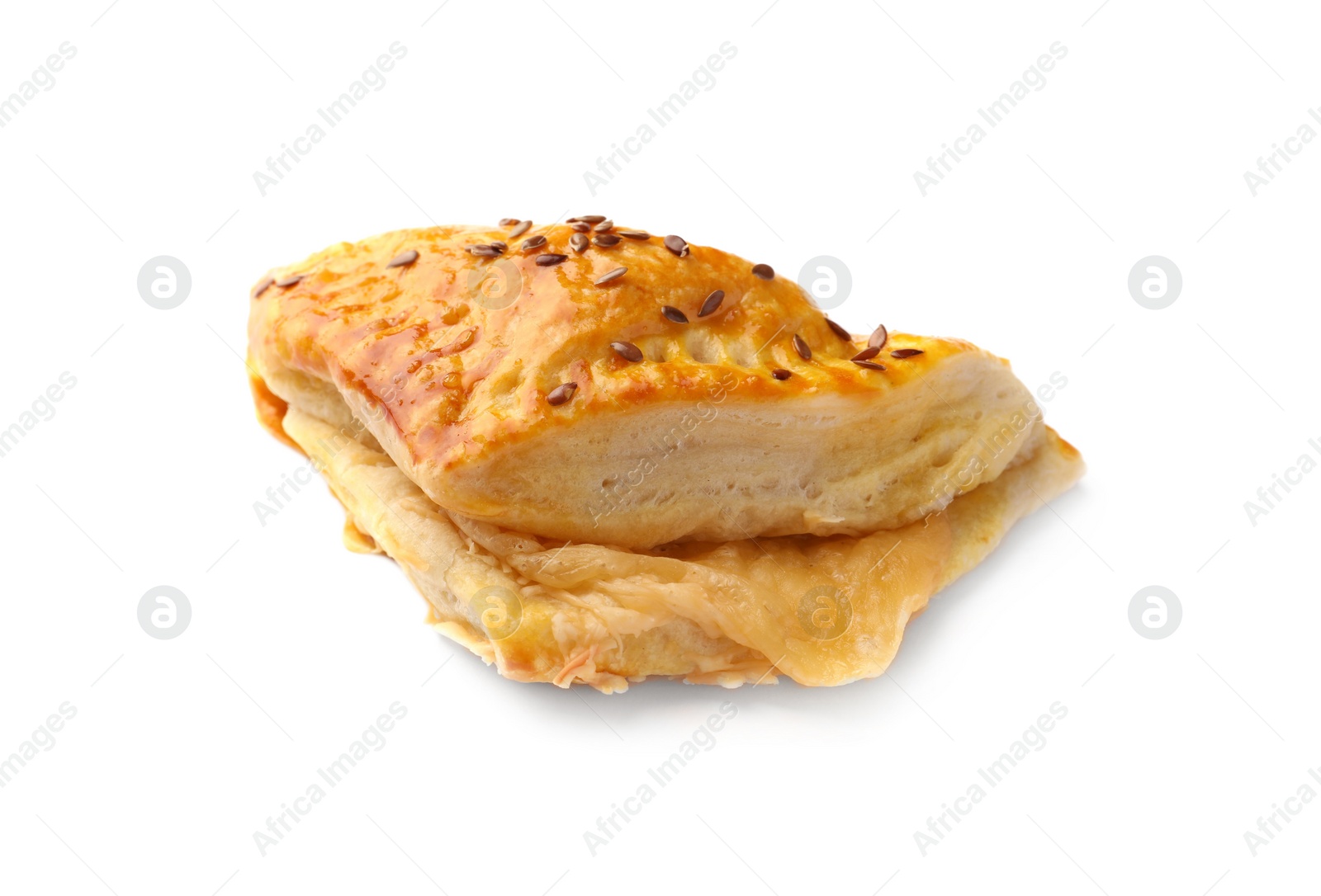 Photo of Fresh delicious puff pastry with cheese on white background