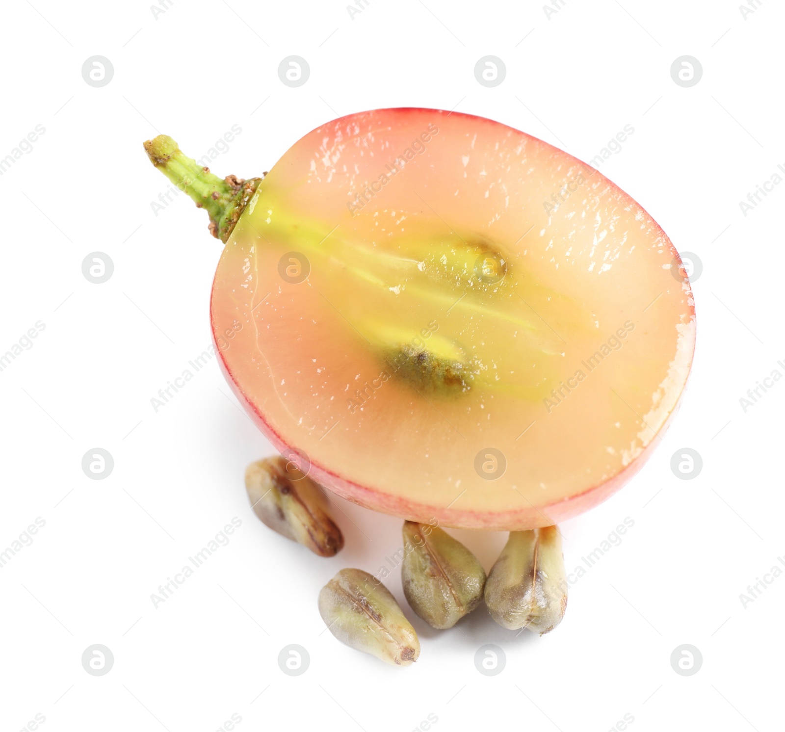 Photo of Fresh ripe cut juicy grape on white background