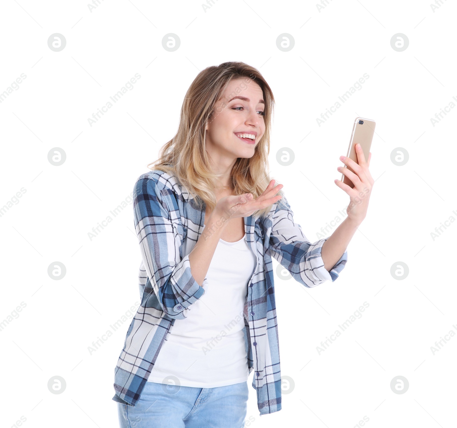 Photo of Woman using mobile phone for video chat isolated on white