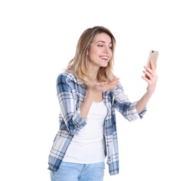 Woman using mobile phone for video chat isolated on white