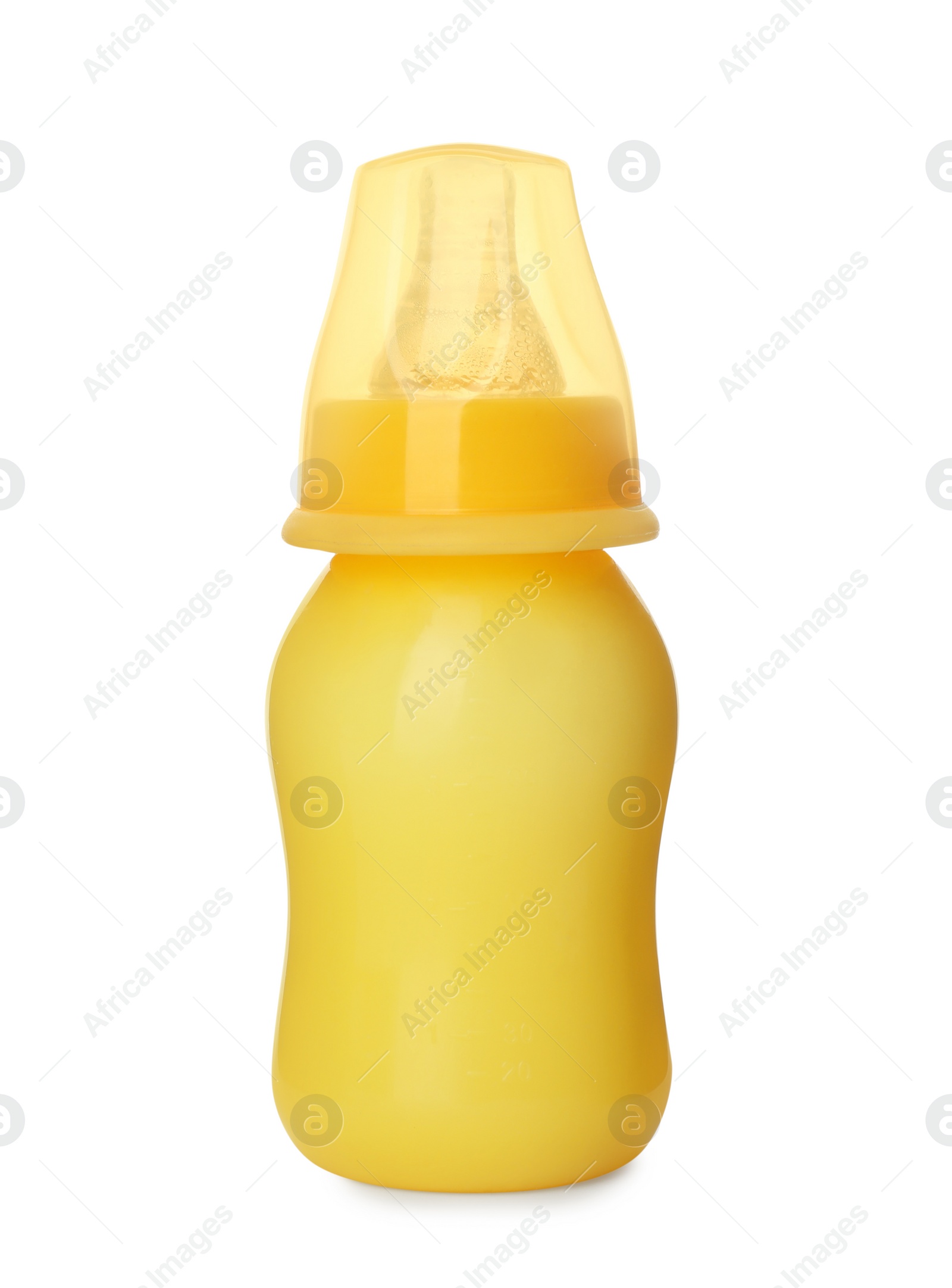 Photo of Feeding bottle with infant formula on white background. Baby milk