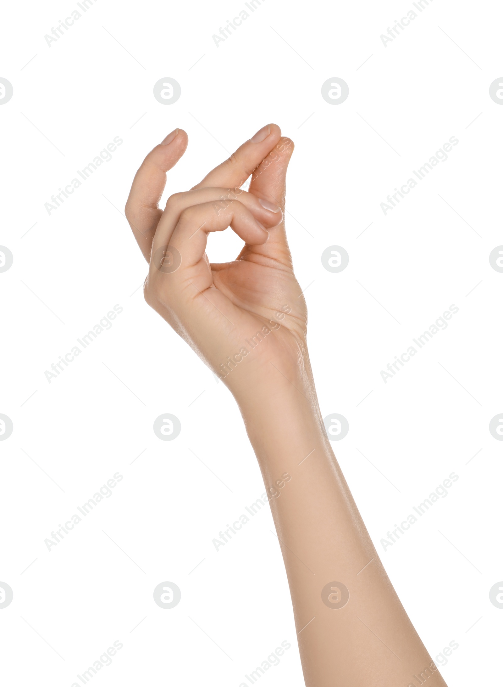 Photo of Woman snapping fingers on white background, closeup of hand