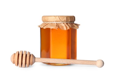 Photo of Tasty natural honey in glass jar and dipper isolated on white