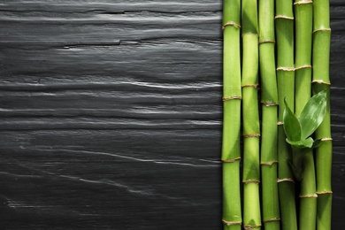 Photo of Green bamboo stems and space for text on wooden background, top view