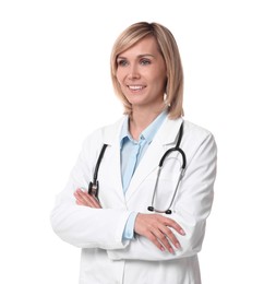 Photo of Smiling doctor with crossed arms on white background