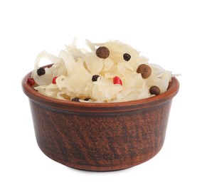 Photo of Bowl of tasty sauerkraut with peppercorns on white background