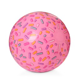 Photo of Inflatable pink beach ball with colorful pattern isolated on white