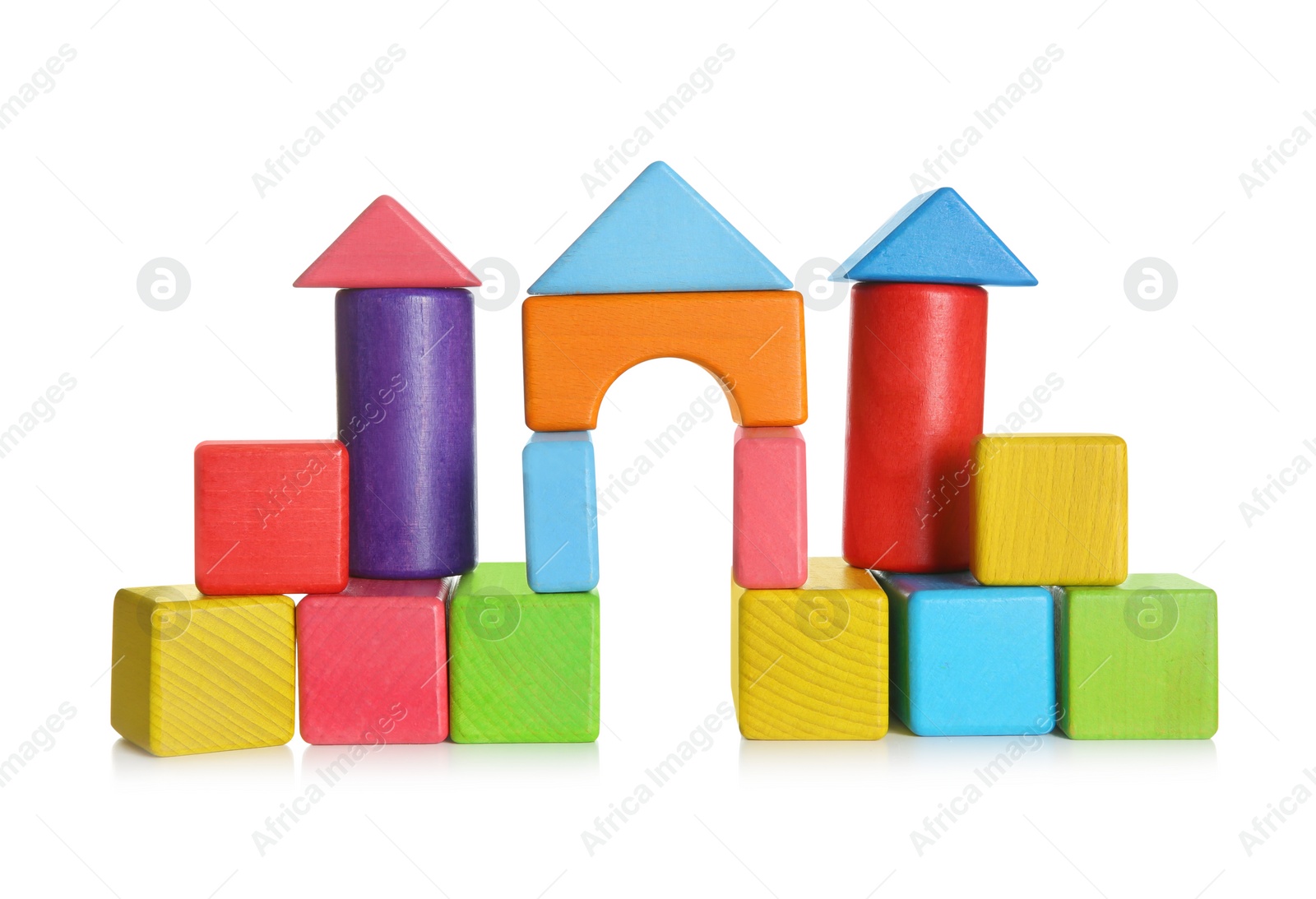 Photo of Building made of colorful wooden blocks on white background