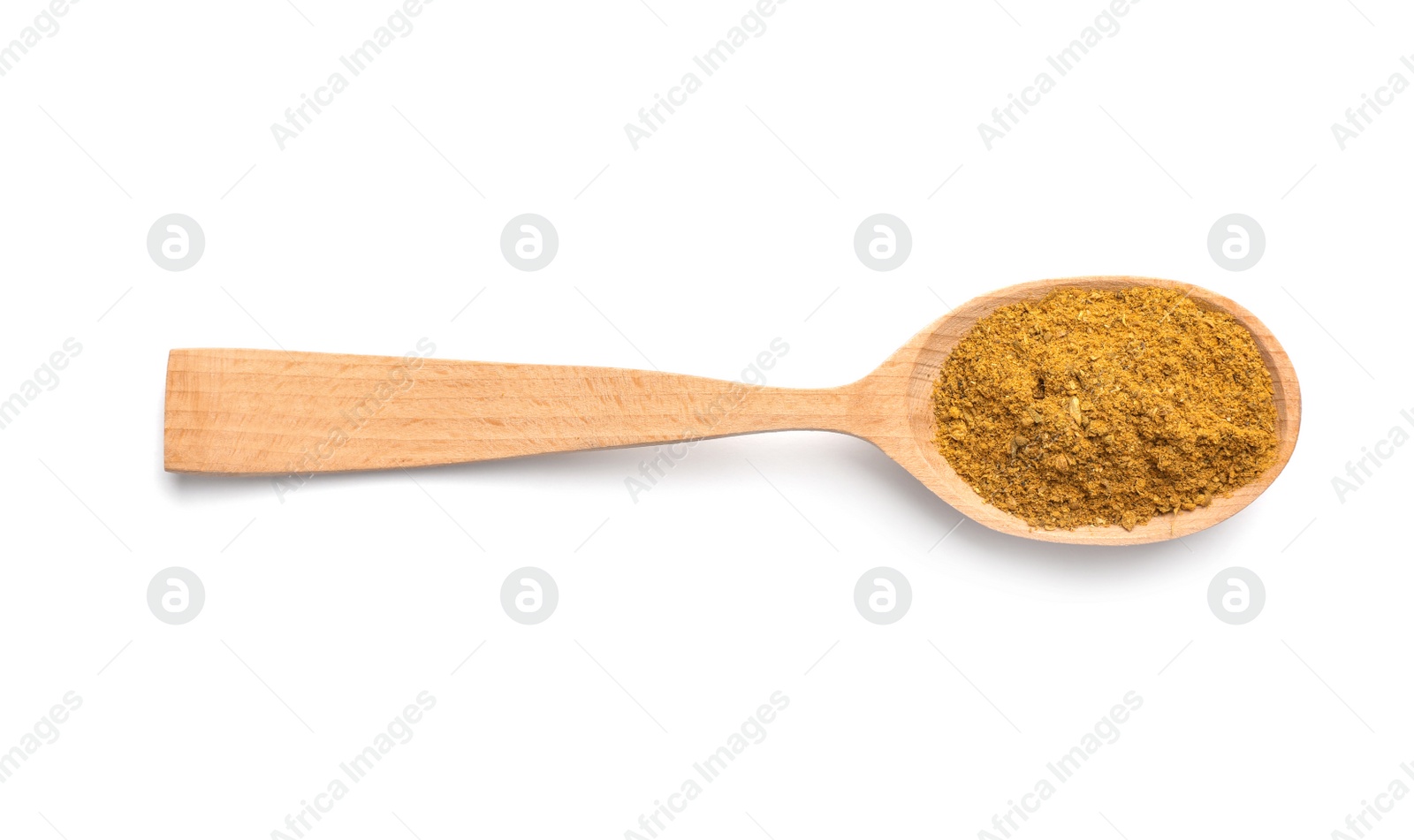 Photo of Wooden spoon with curry on white background. Different spices