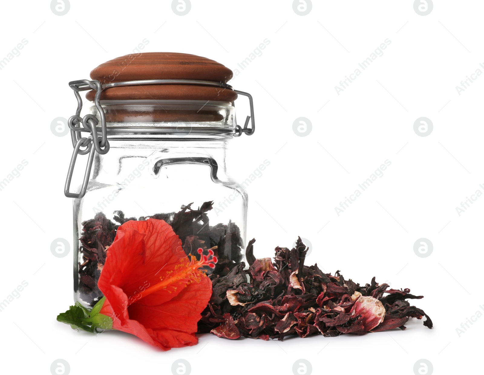 Photo of Dry hibiscus tea and beautiful flower on white background