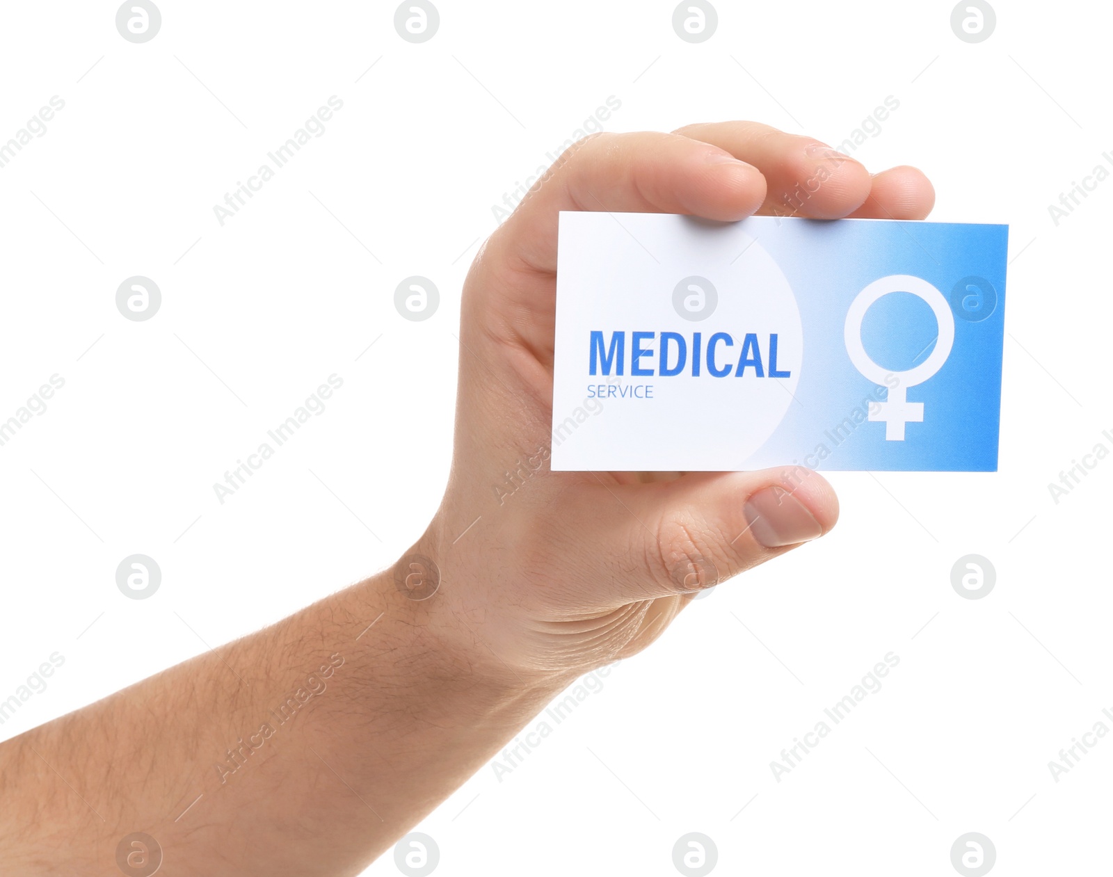 Photo of Man holding medical business card isolated on white, closeup. Women's health service