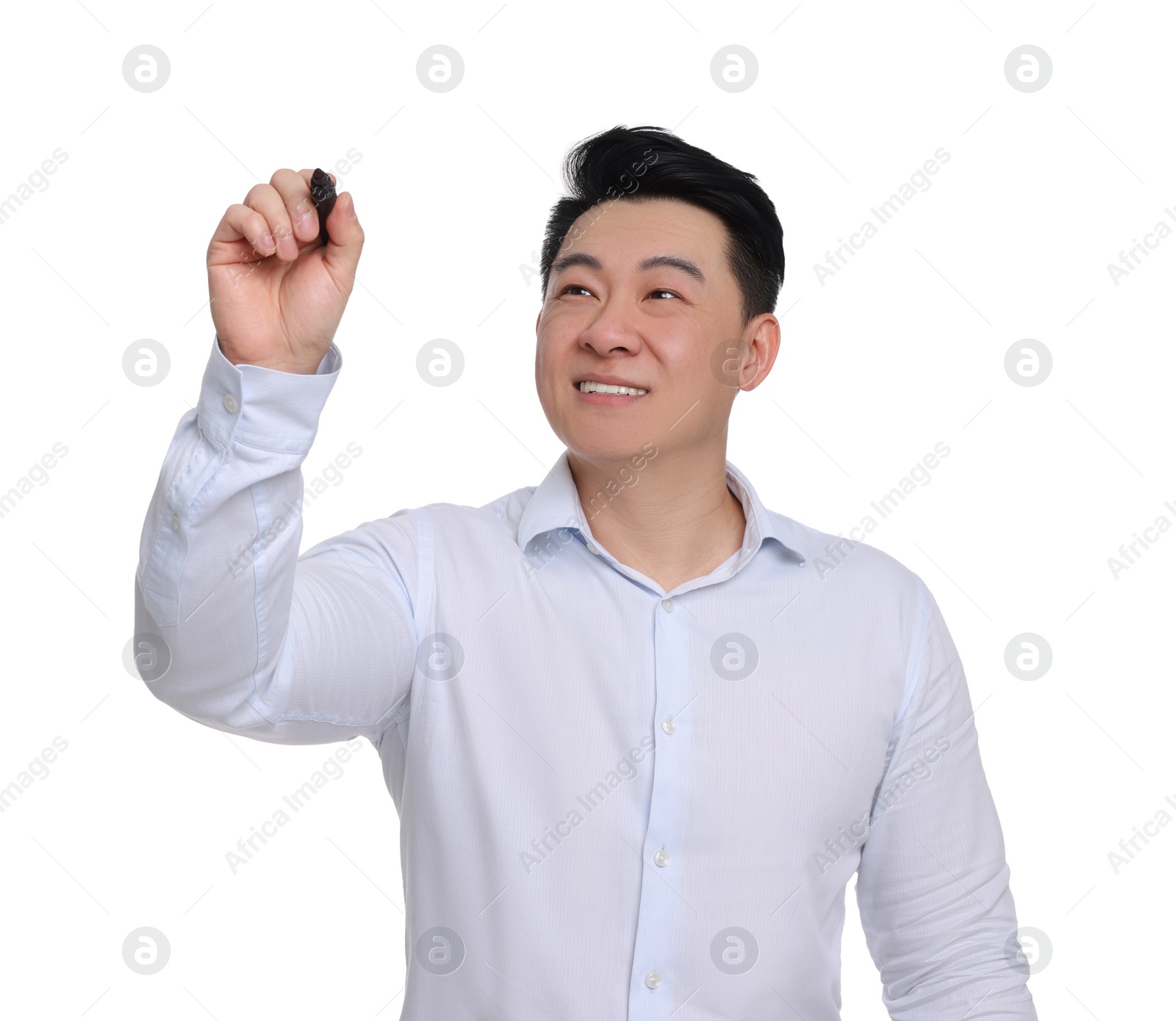 Photo of Businessman in formal clothes with marker writing on white background